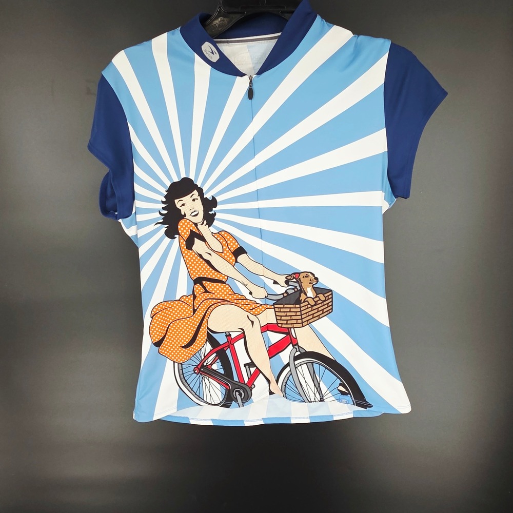 Sugoi Women Blue Pop Art Pin-Up Girl Dog Cycling Jersey Short Sleeve Large